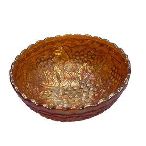Antique Fenton Marigold Iridescent Carnival Glass Bowl With Grape & Leaf Design